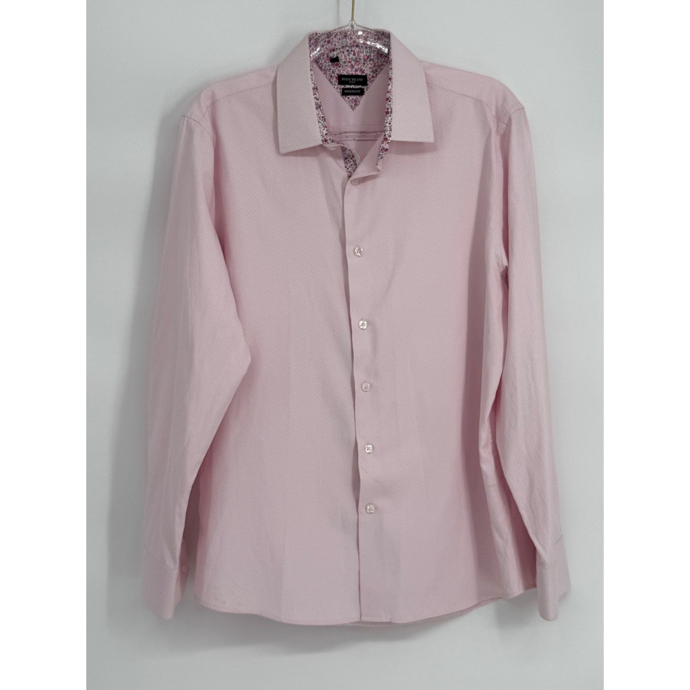 Rosso Milano Italy Mens Modern Fit Pink  Dress Shirt Floral Trim Sz L 16.5
